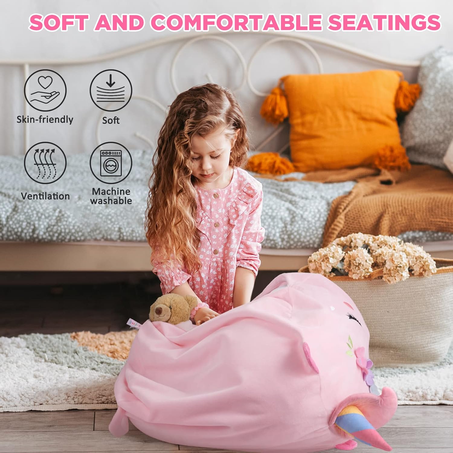 Thumbnail 5 de GAGAKU Pouf di peluche a forma di unicorno XXL 60x60 cm – rosa, 200 l, solo fodera