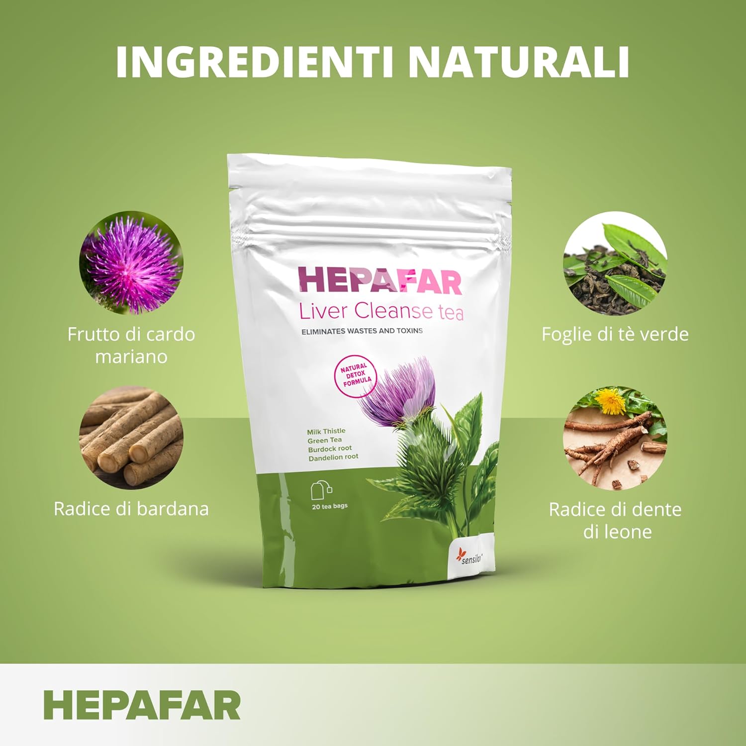 Thumbnail 2 de Sensilab Hepafar Liver Cleanse – Tisana depurativa con cardo mariano, tè verde, bardana e dente di leone, 80 bustine