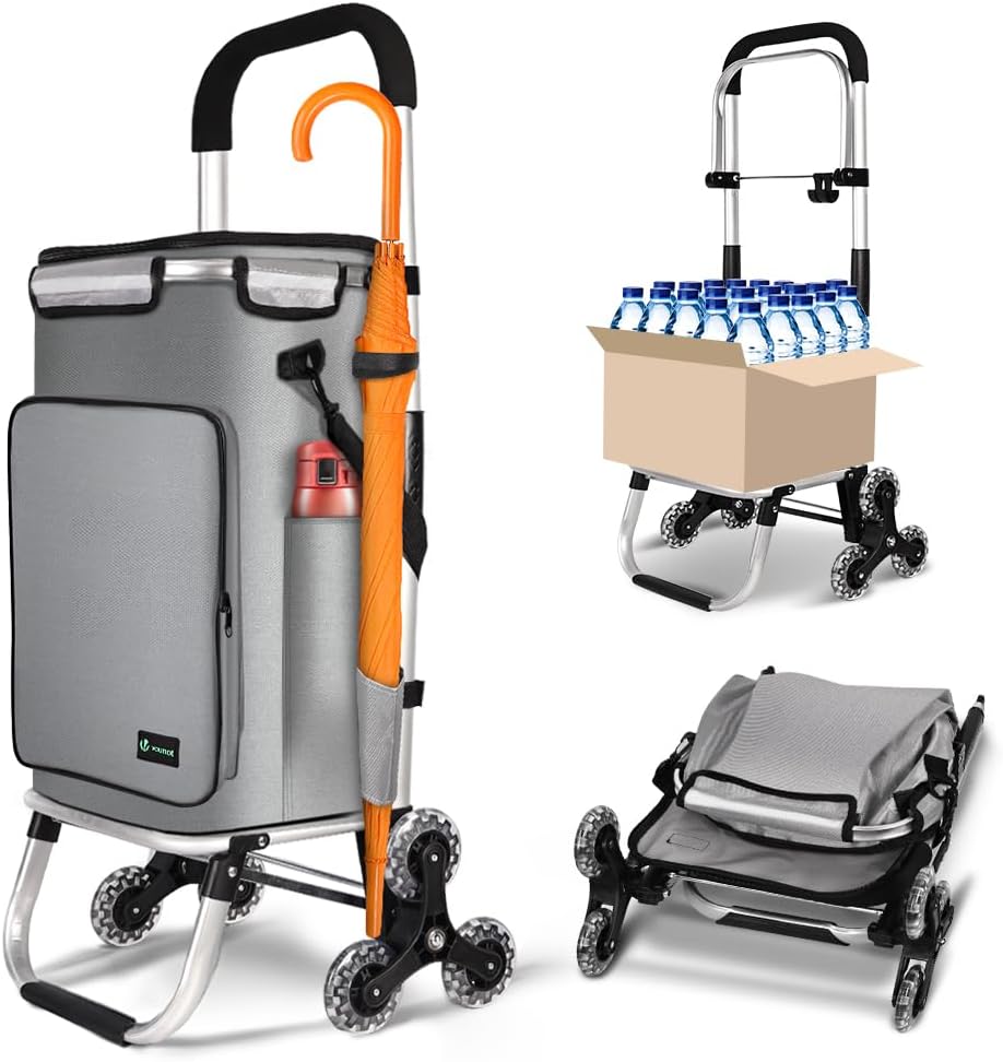 Detalle de VOUNOT Carrello Spesa Pieghevole in Alluminio: 6 Ruote, Borsa Termica da 60 L e Dettagli Riflettenti