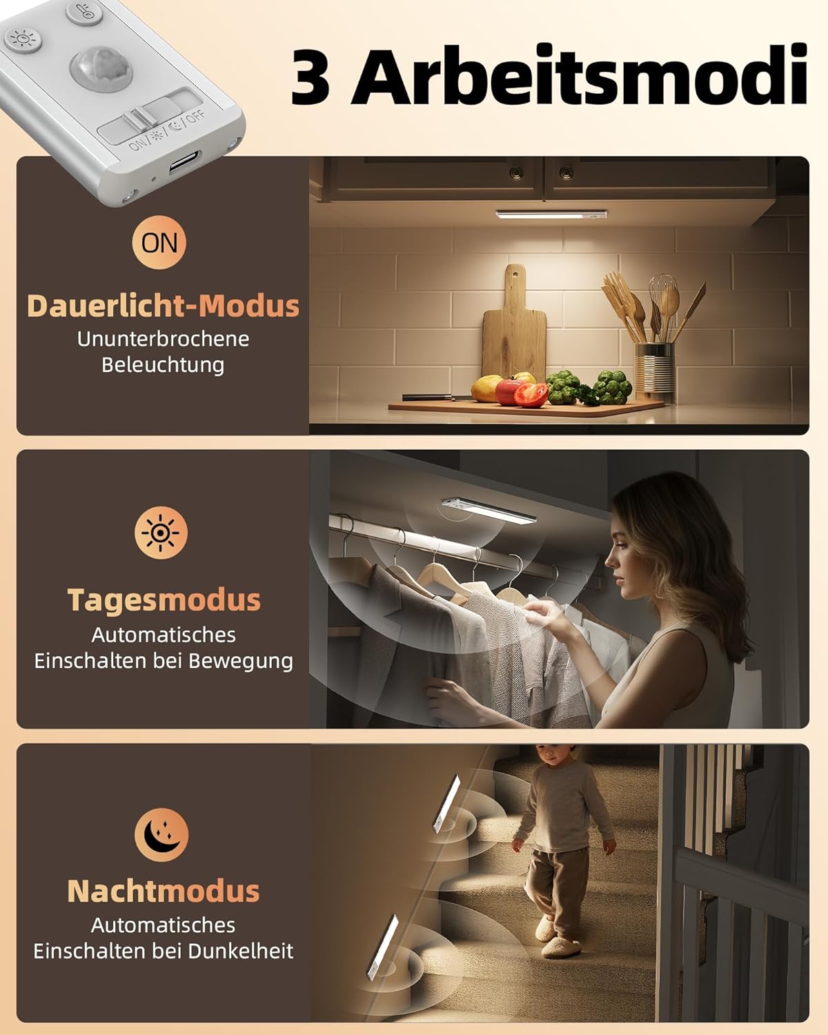 Detalle de EZVALO Schrankbeleuchtung LED 30 cm mit Bewegungsmelder – recargable Unterbauleuchte für Schrank, Küche & Co. (2er-Set, Schwarz)
