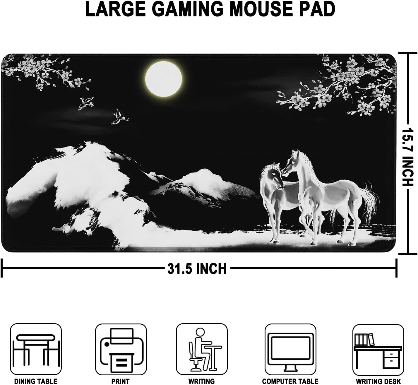 Detalle de AREYLO Extra-Large Mouse Pad, 31.5 x 15.7 Inches, Waterproof, Non-Slip, Horse Design
