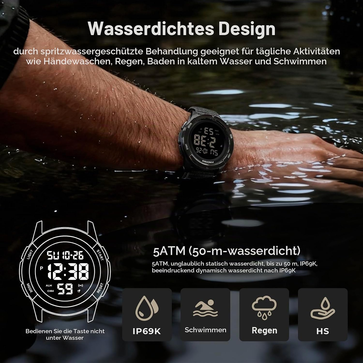 Detalle de PINDOWS Herren Digitaluhr – Militär, Outdoor & Sport, 50 m Wasserdicht