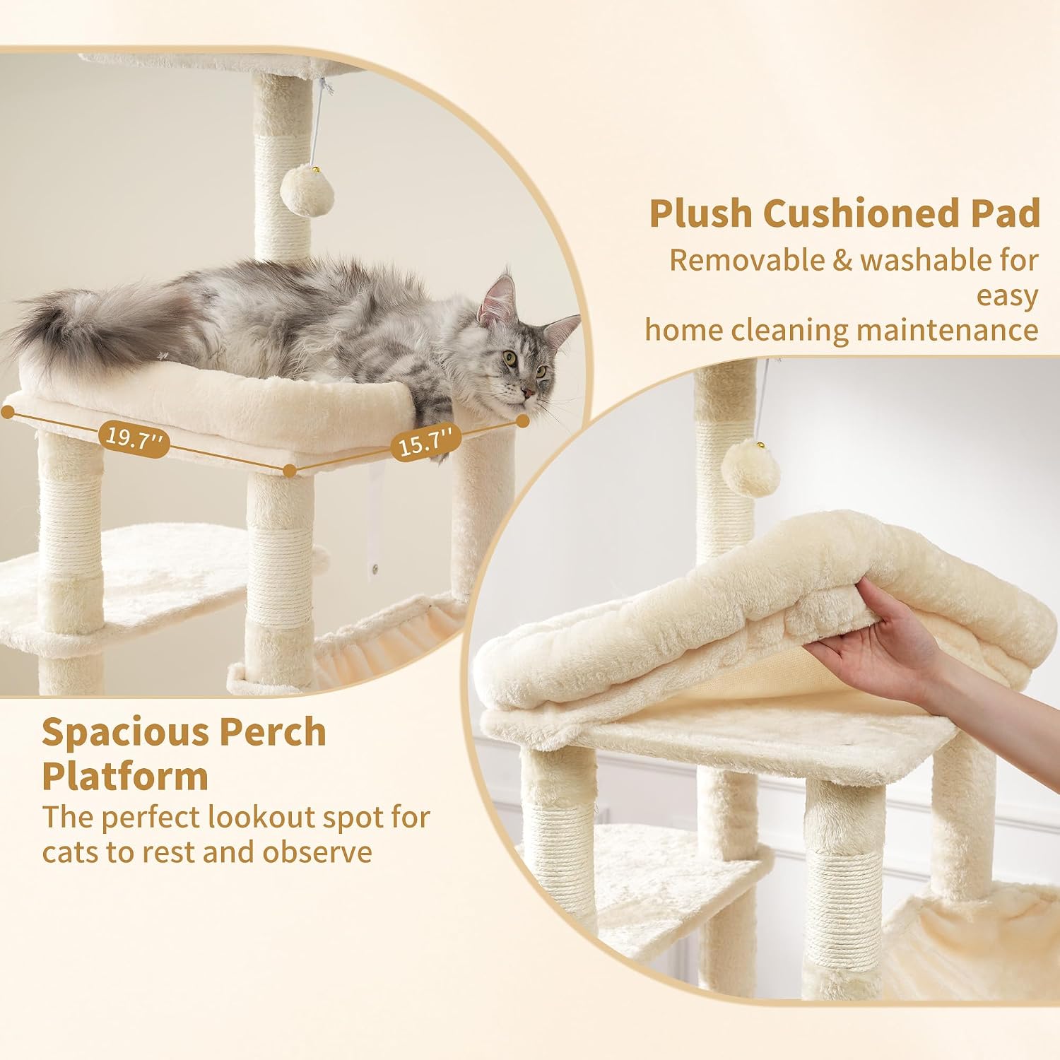 Detalle 2 de Heybly Cat Tree, 180 cm Tall Cat Tower for Large Maine Coon Cats with Extra-Large Baseboard in Beige (HCT037M)
