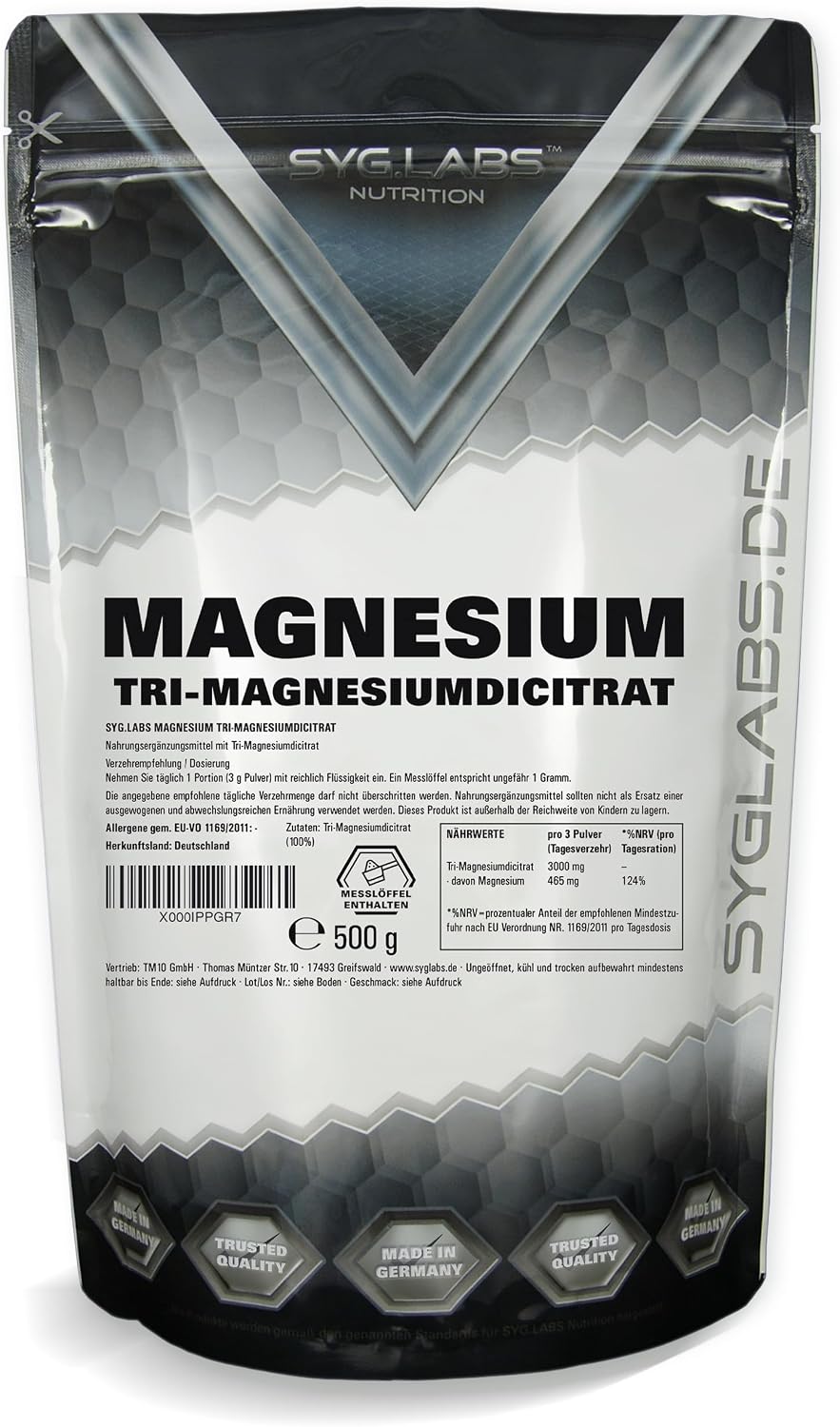 Detalle de Syglabs Magnesium Citrat Pulver (Trimagnesiumdicitrat), 500 g – vegan und ohne Füll- oder Zusatzstoffe