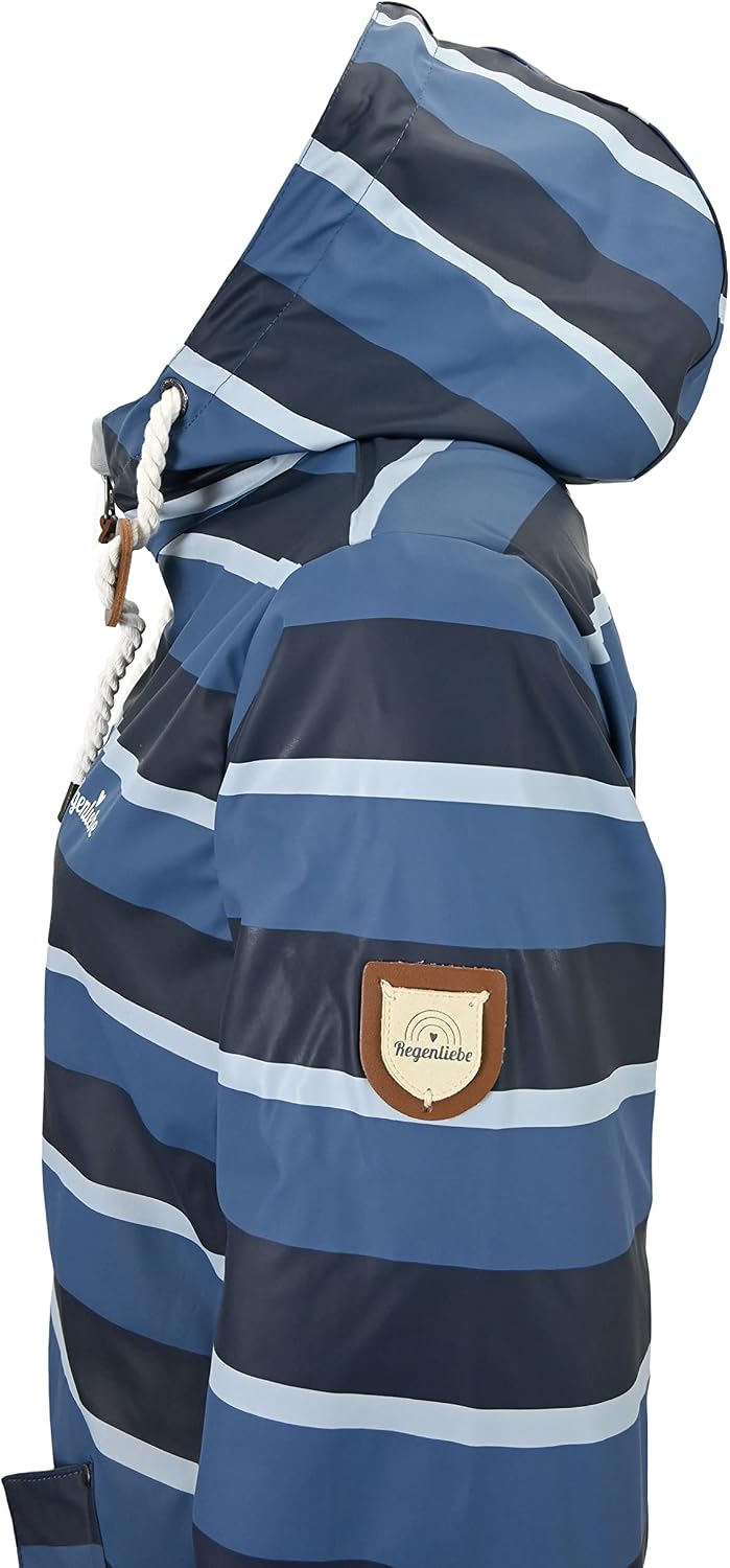 Detalle de Regenliebe Damen Regenmantel Friesennerz gestreift 624 – wasserdichter Regenponcho mit Kapuze und tailliertem Schnitt