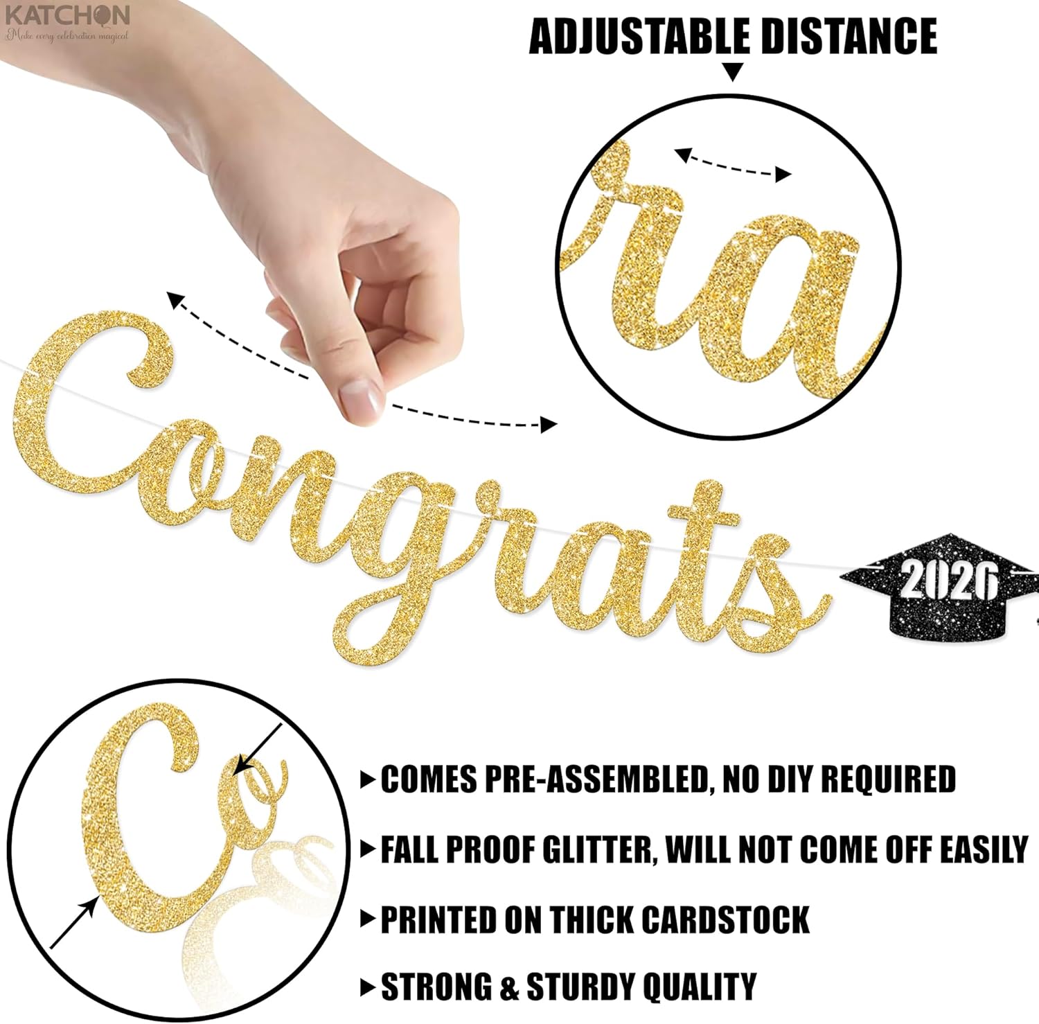 Thumbnail 2 de KatchOn Glitter Gold “Congrats Grad” Graduation Banner (Class of 2026) — Pre-Strung, 10 Feet