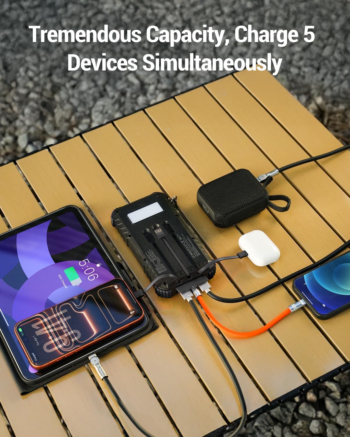 Detalle de Uukto PN-M5W 20,000mAh Solar Power Bank with Built-In Cables and Lights