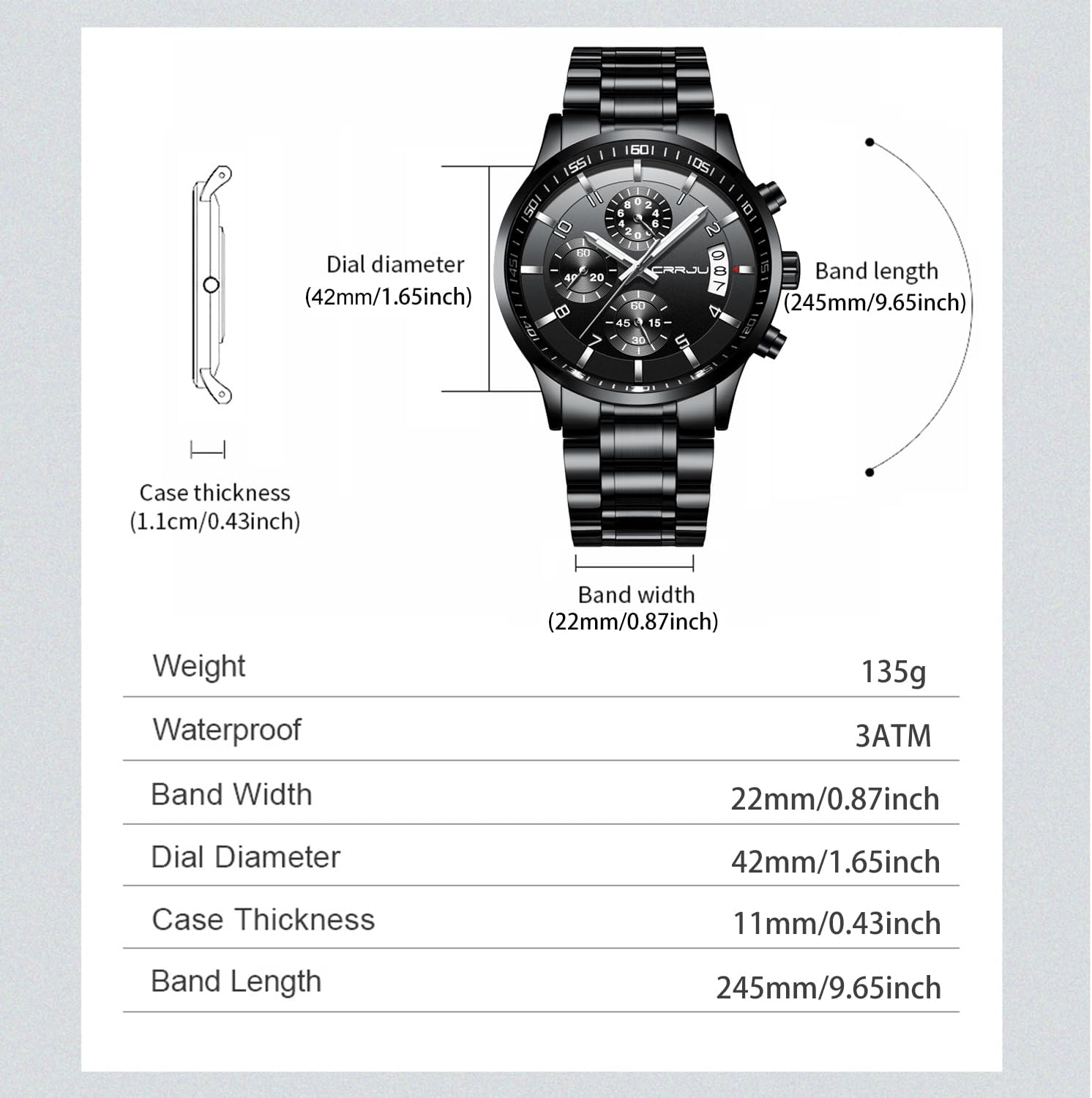 Thumbnail 4 de CRRJU Herren Chronograph Quarz-Uhr mit Kalender – wasserdichtes Edelstahlarmband im Business-Look