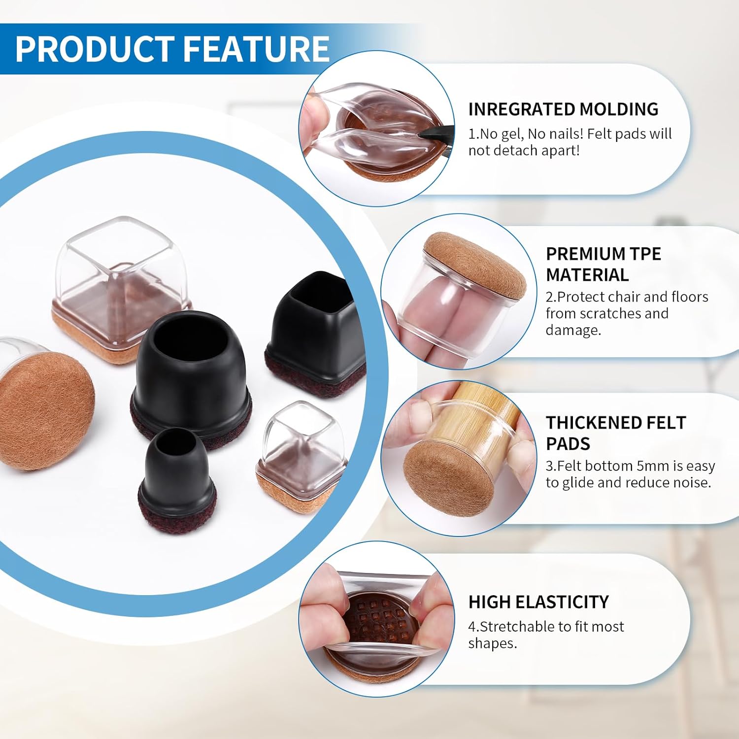 Thumbnail 1 de Upgraded Clear Silicone Chair Leg Floor Protectors (16 pcs) – 20-28mm, Round/Clear with Wrapped Felt