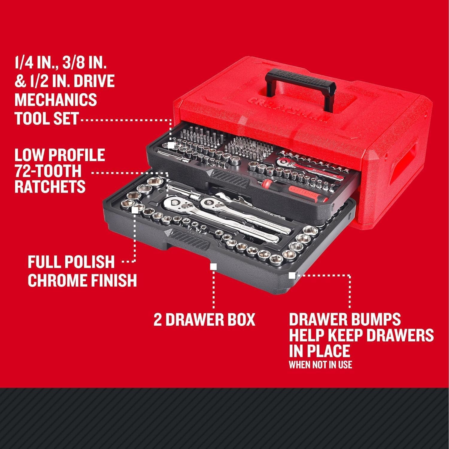 Thumbnail 2 de CRAFTSMAN Mechanics Tool Set, 256-Piece with 72-Tooth Low-Profile Ratchet and 2-Drawer Box (CMMT45256)