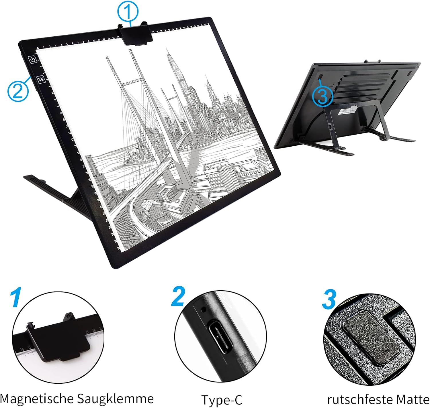 Thumbnail 6 de elice Leuchttisch A3 wiederaufladbar mit Ständer/Clip – LED-Lightpad für Diamond Painting, Zeichnen & mehr