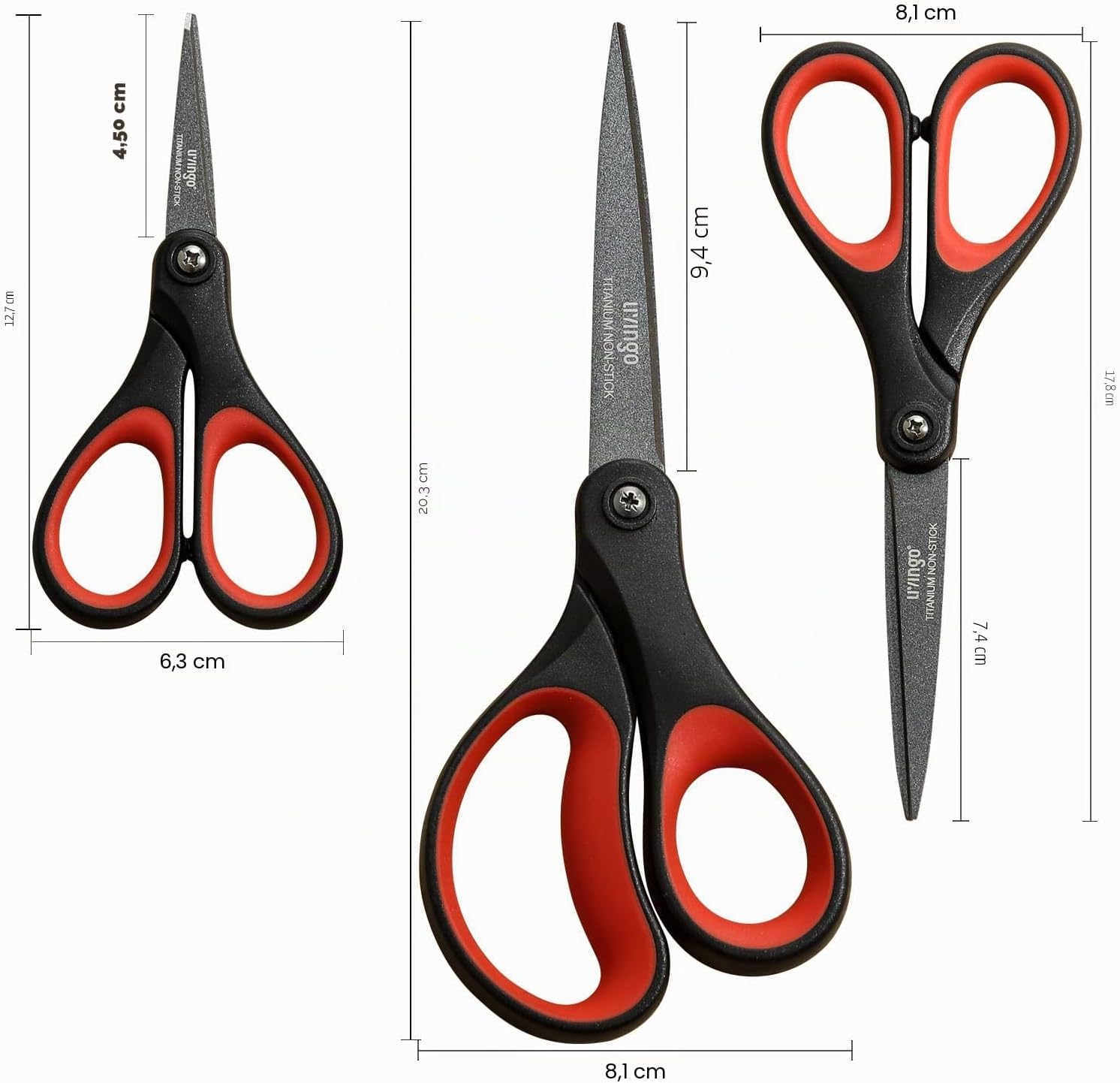 Detalle 2 de Set forbici in titanio LIVINGO – 3 misure con lame affilate e rivestimento antiderapante
