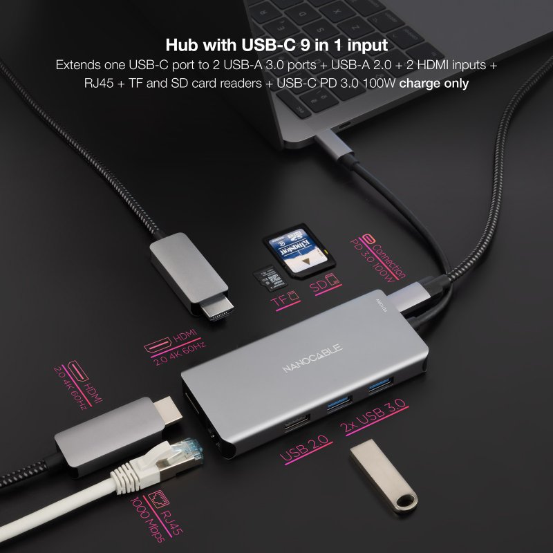 Detalle de Nanocable Docking Hub 9 en 1 hub USB-C 100W