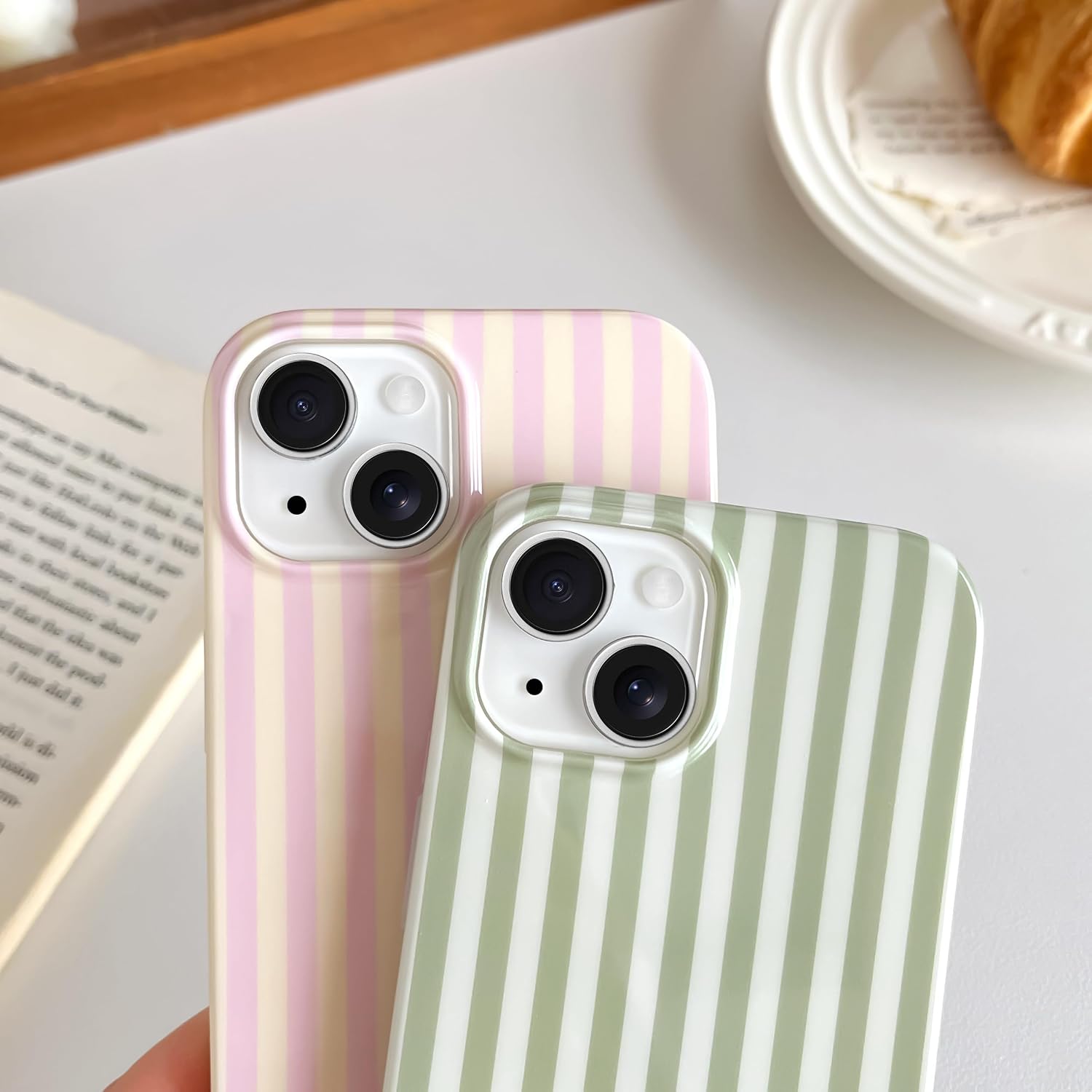 Detalle de SmoBea iPhone 14 Case – Cute Striped Slim TPU, Pink and Yellow