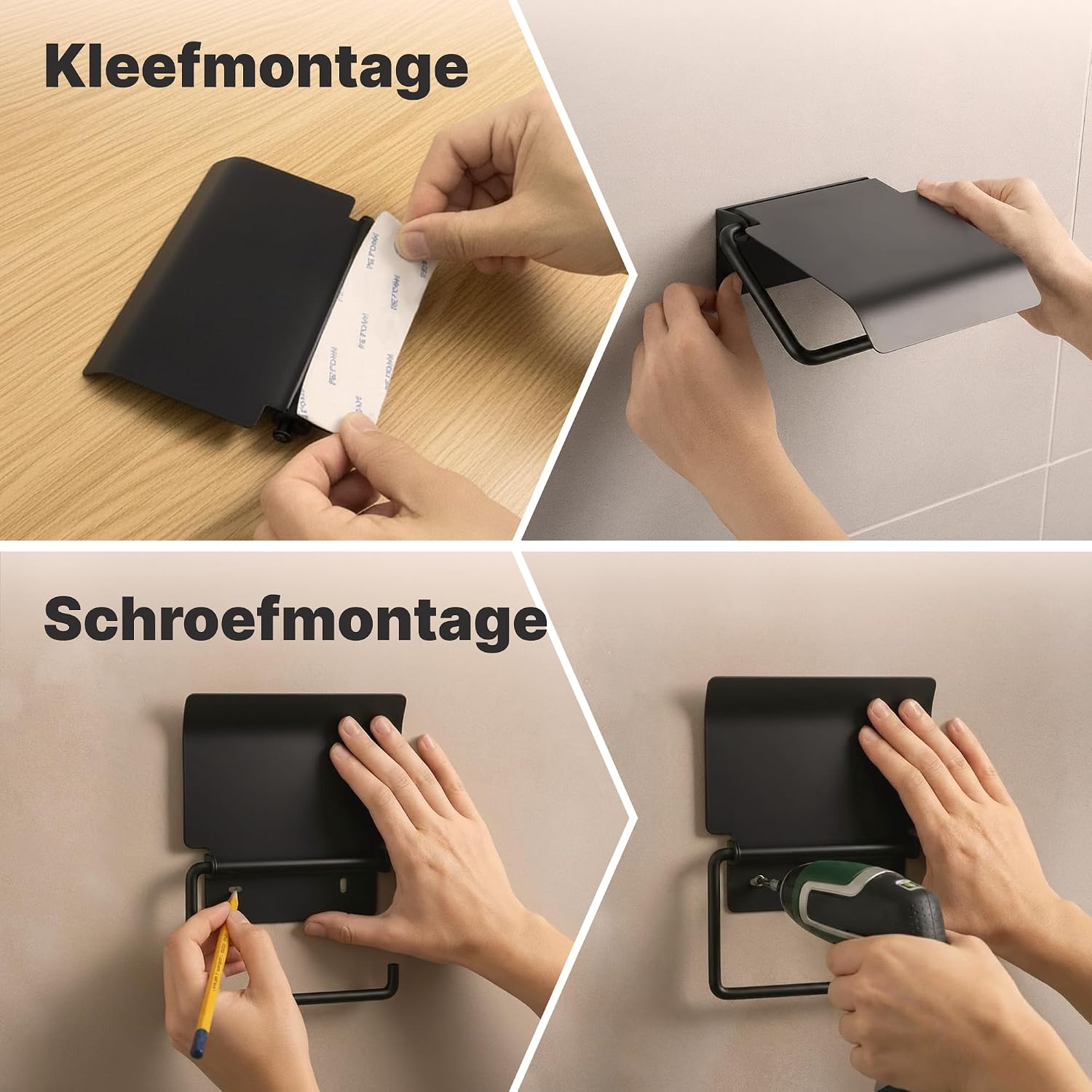 Detalle de Minismus MI7719 toiletrolhouder met afdekking, zwart RVS en twee montageopties