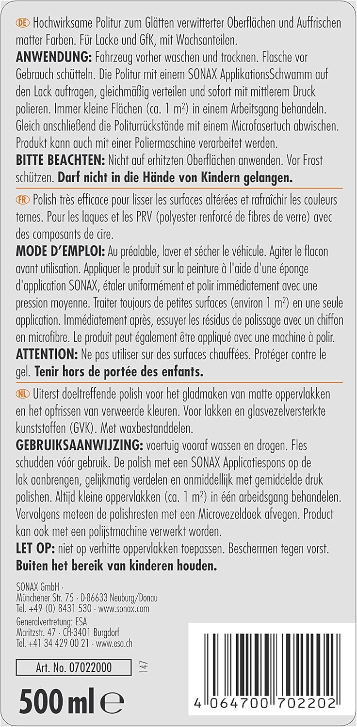 Detalle de SONAX CARAVAN Lustrant peinture (500 ml) – lissage des surfaces altérées et ravivement des couleurs