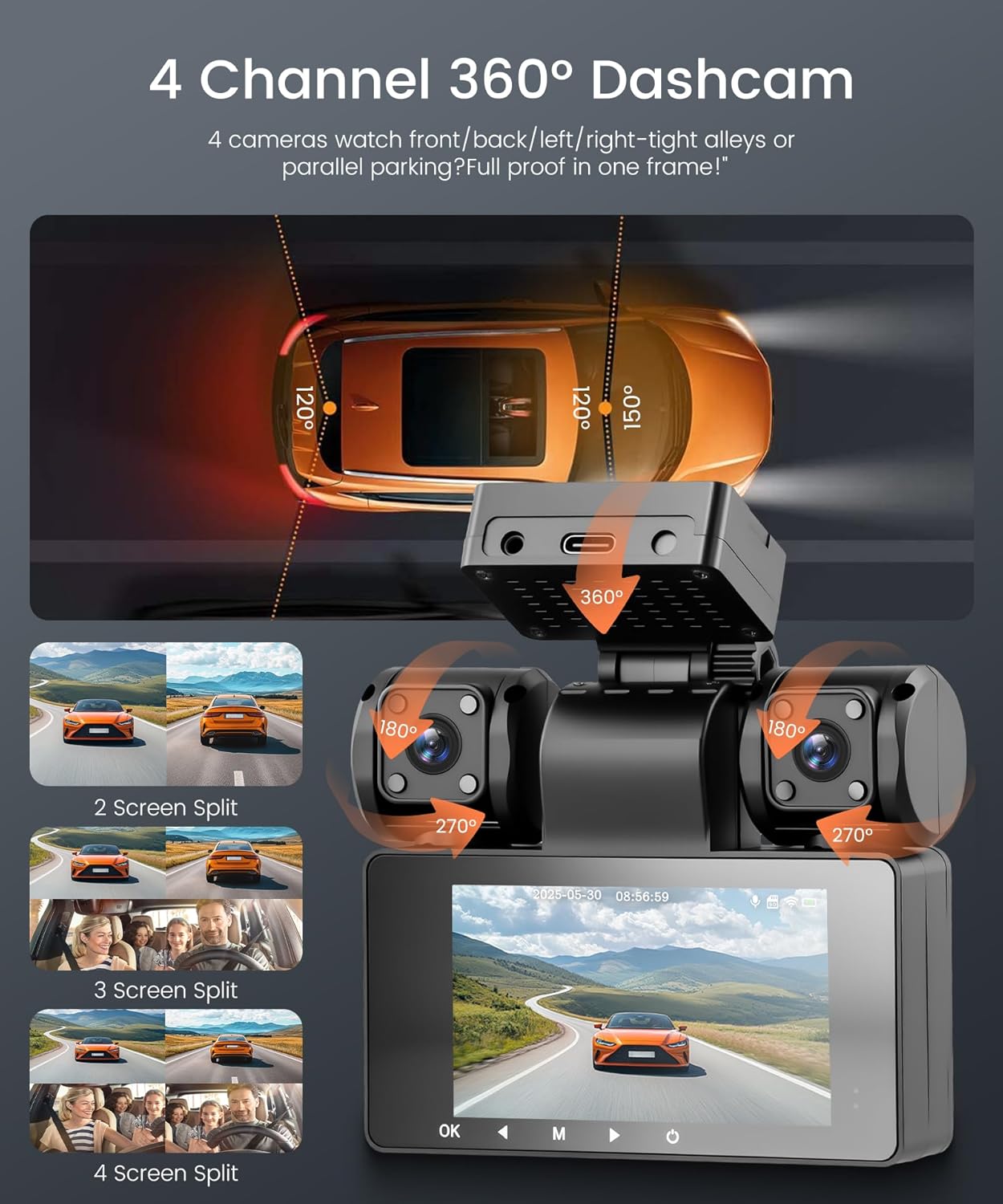 Thumbnail 1 de 4 Canali 360° WIFI Dashcam Auto – 2K+1080P con 4 telecamere e visione notturna IR, controllo APP e parcheggio 24h