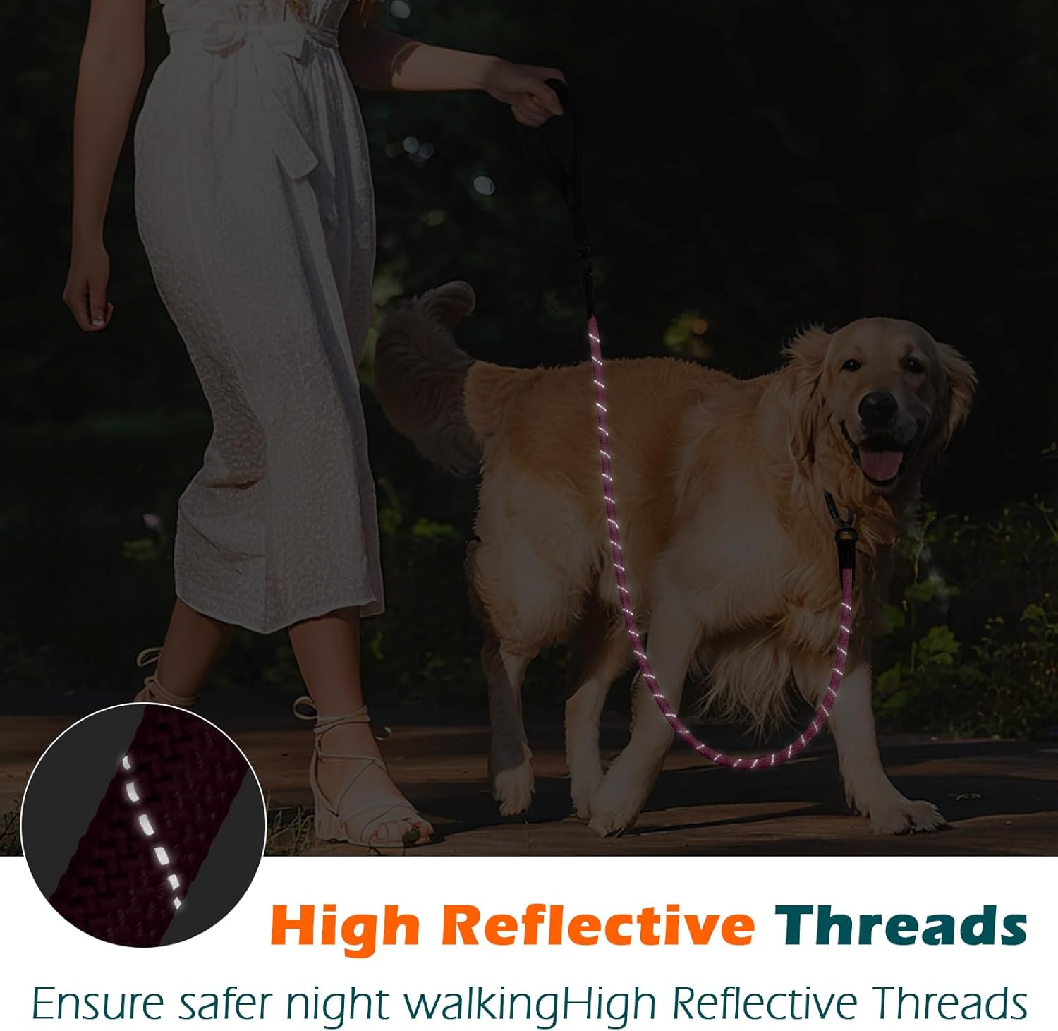 Thumbnail 3 de PetBonus Rope Dog Lead (1.5 m) Heavy Duty Nylon with Autolocking Carabiner, Reflective Rope Lead – Pink