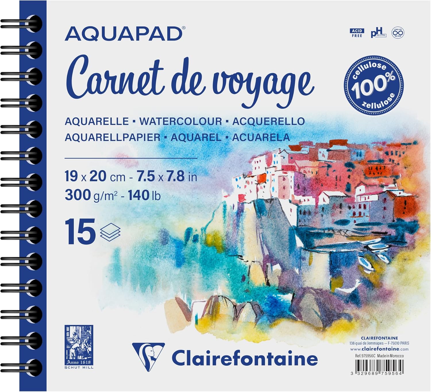 Detalle de Clairefontaine 975959C Carnet de Voyage Spiralé Aquapad 17x27 cm – 25 feuilles 300 g