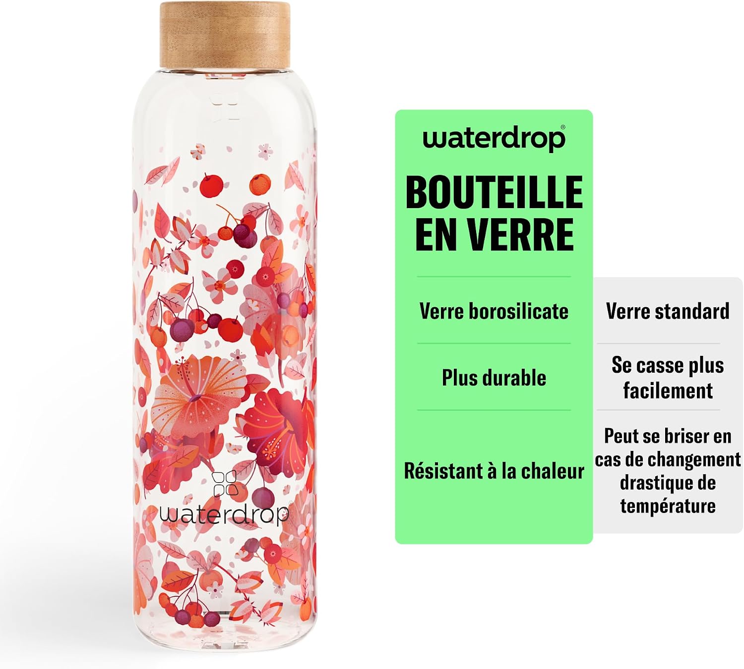 Detalle de waterdrop® Bouteille en Verre 600ml — Gourde Borosilicate avec Bouchon Bambou et Housse Néoprène