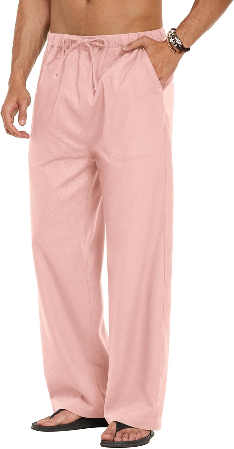 Detalle de COOFANDY Men’s Linen Pant Elastic Waist Drawstring Summer Beach Pants