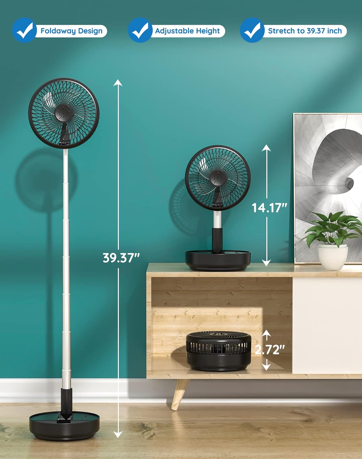 Thumbnail 1 de Primevolve Portable Oscillating Standing Fan with Remote – USB-C rechargeable desk/floor fan, 4 speeds, adjustable height