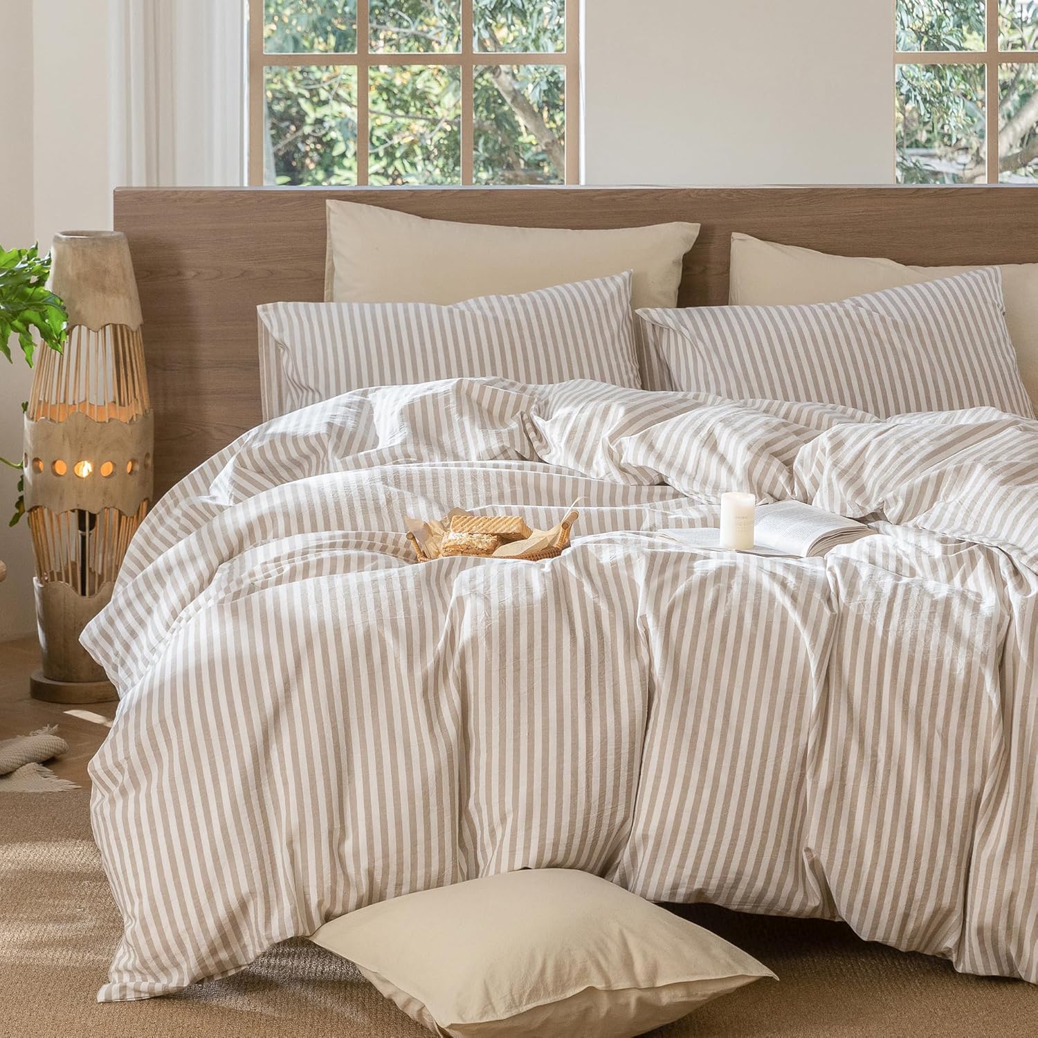 Thumbnail 5 de MooMee Striped Duvet Cover Set in Washed Cotton (Queen 90"x90")