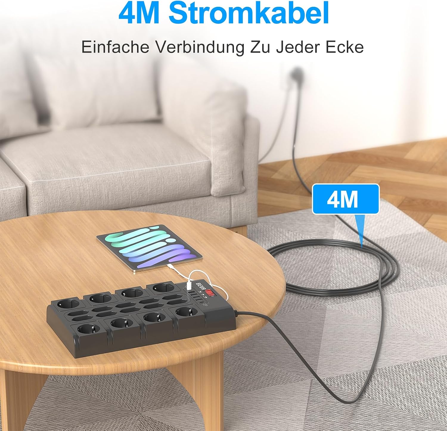 Thumbnail 6 de BEVA 18-fach Mehrfachsteckdose mit USB‑C und 4 m Kabel (3680 W/16 A) + 2100 J Überspannungsschutz