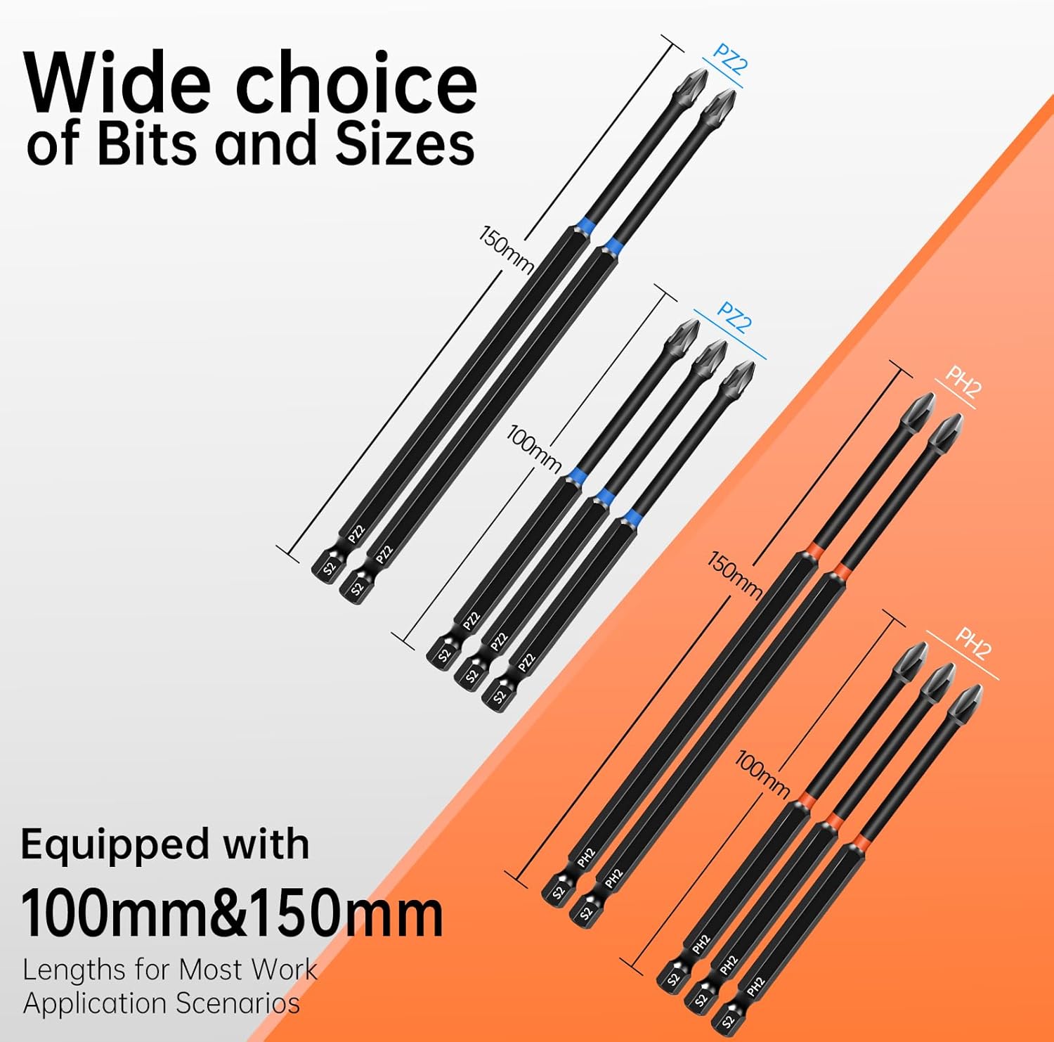 Thumbnail 1 de KASAFE 10 Pcs Long PZ2/PH2 Magnetic Impact Screwdriver Bits – S2 Steel, 1/4" Hex