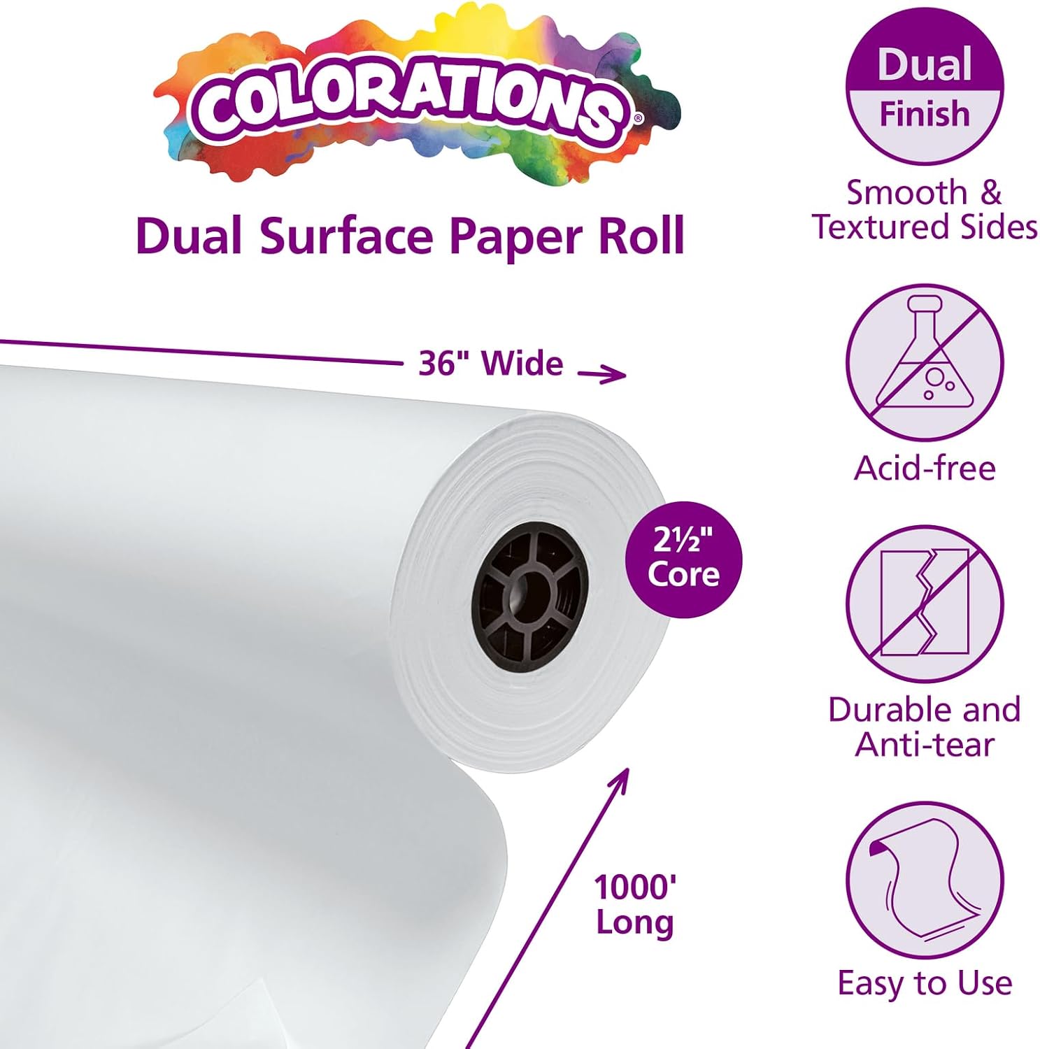 Detalle 2 de Colorations DSWH Dual-Surface Paper Roll, White, 36" x 1000