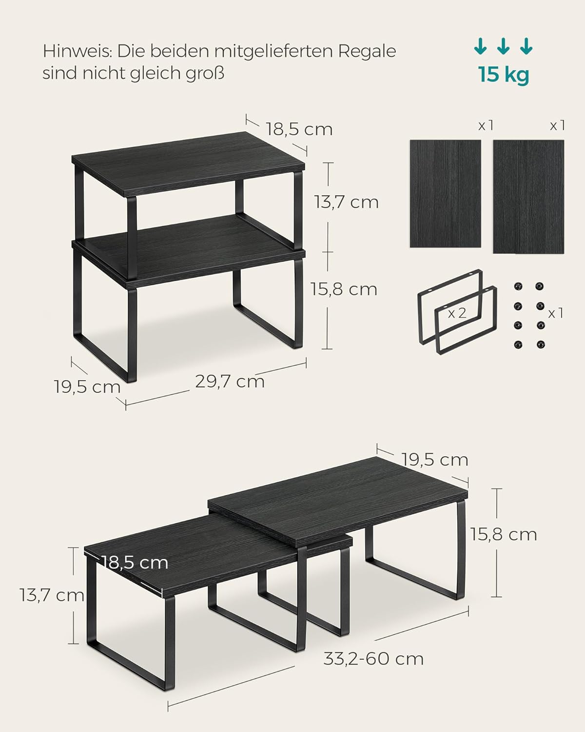 Thumbnail 3 de SONGMICS Gewürzregal CKS027B01 – 4er Set, erweiterbar, stapelbar, Metallrahmen, 19,5 × 29,7 × 15,8 cm