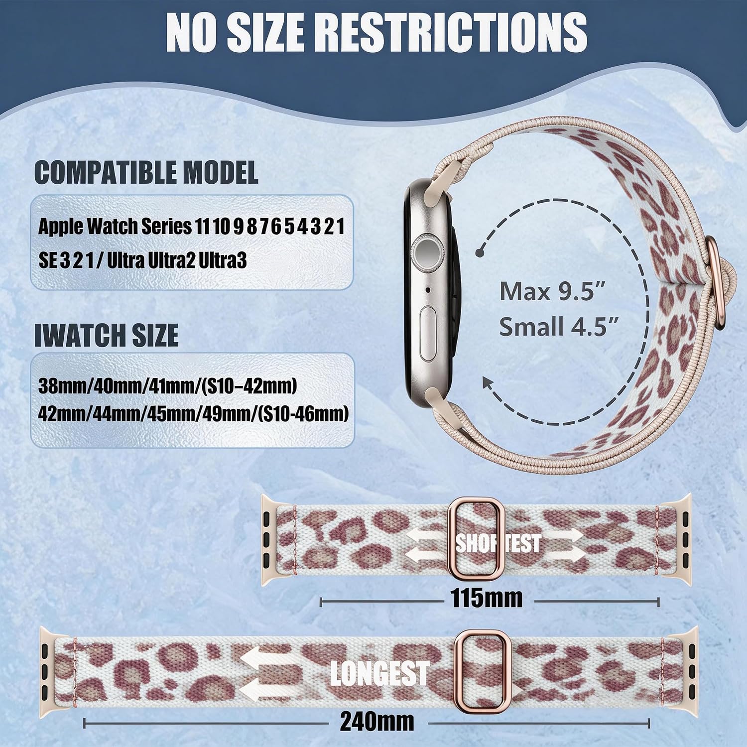 Detalle de Ynitec Leopard Print Elastic Apple Watch Strap – 38/40/41/42mm, Stretchy Nylon Band for Wrist, Arm or Ankle (Pink Leo)