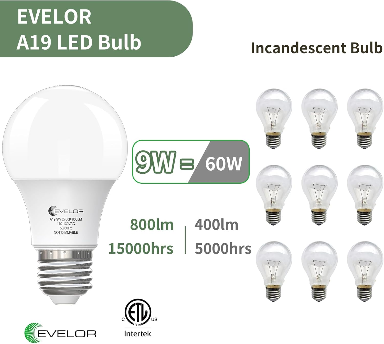 Detalle de Evelor YH-A-60-03 A19 LED Bulbs, 24-Pack, 2700K, 800 Lumens