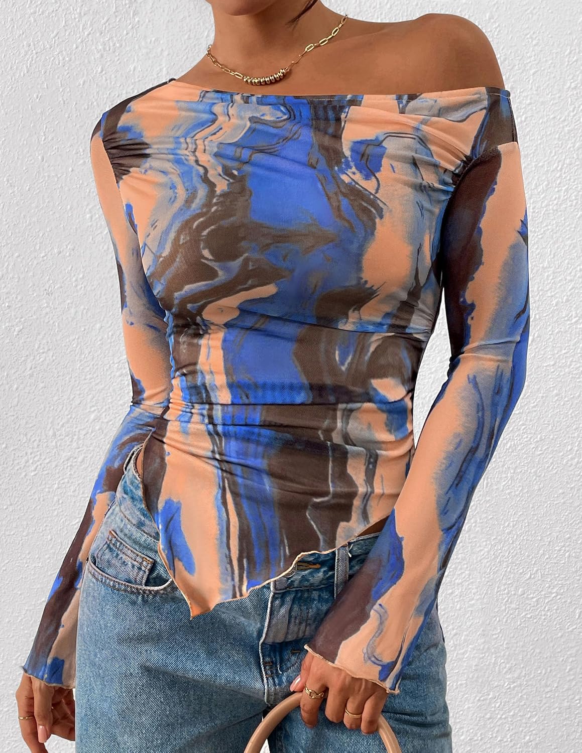 Detalle 1 de PRETTYGARDEN Women's Off-Shoulder Mesh Top, Ruched Tie-Dye Floral, Long Sleeve