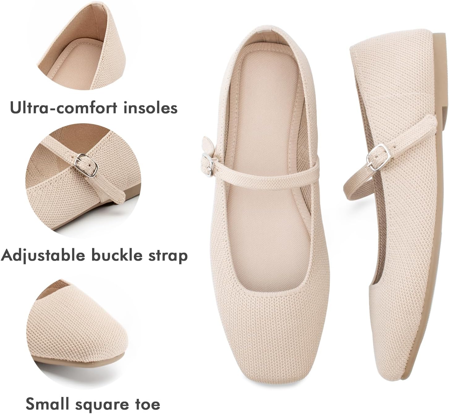 Detalle de Soesyi Knit Flats for Women: Square-Toe, Adjustable Ankle Strap Ballet Flats