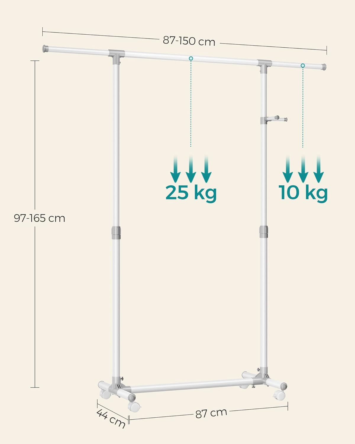 Detalle 2 de SONGMICS Stand Appendiabiti con ruote LLR001W01, altezza regolabile 97–165 cm e barra estensibile