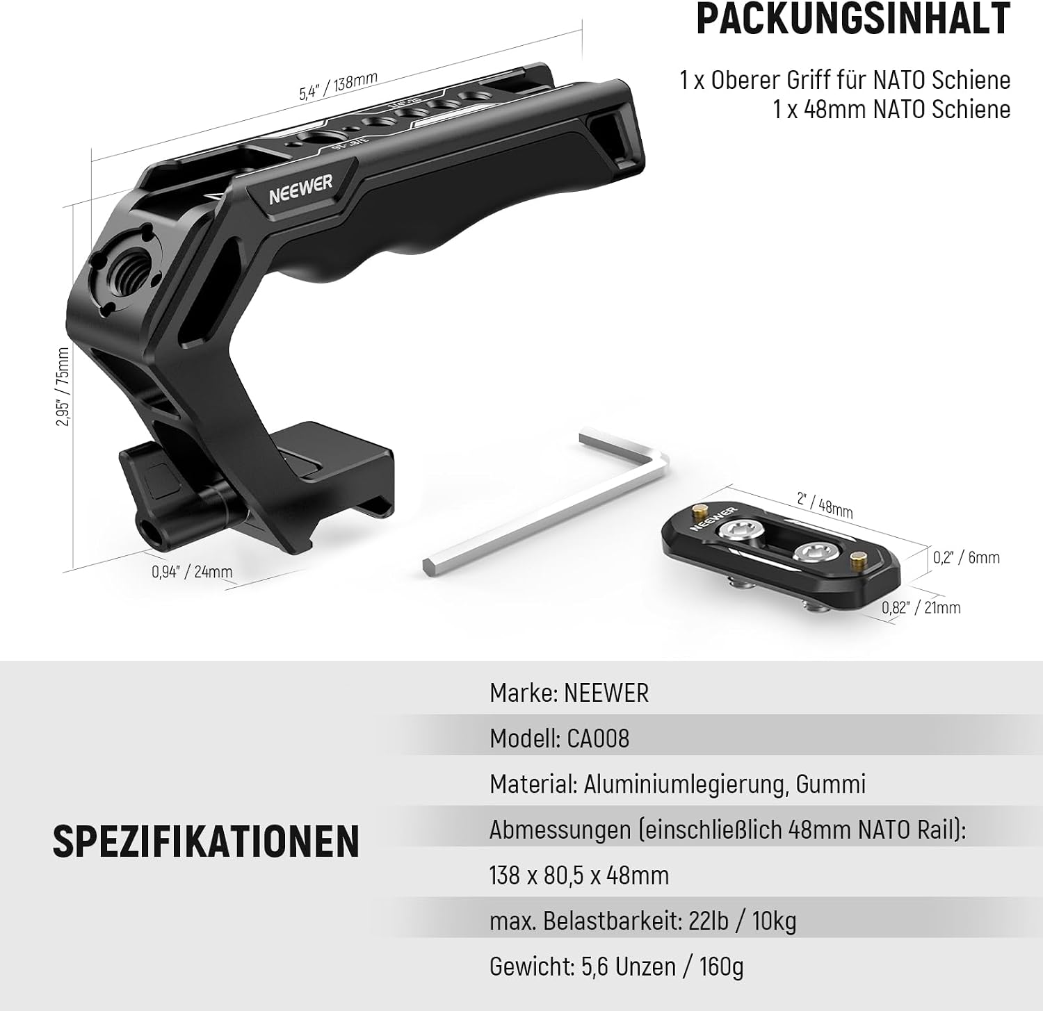 Thumbnail 2 de NEEWER CA008 Top Handle mit 48-mm-NATO-Schiene – oberer Griff-Kit für schnelle Zubehörmontage