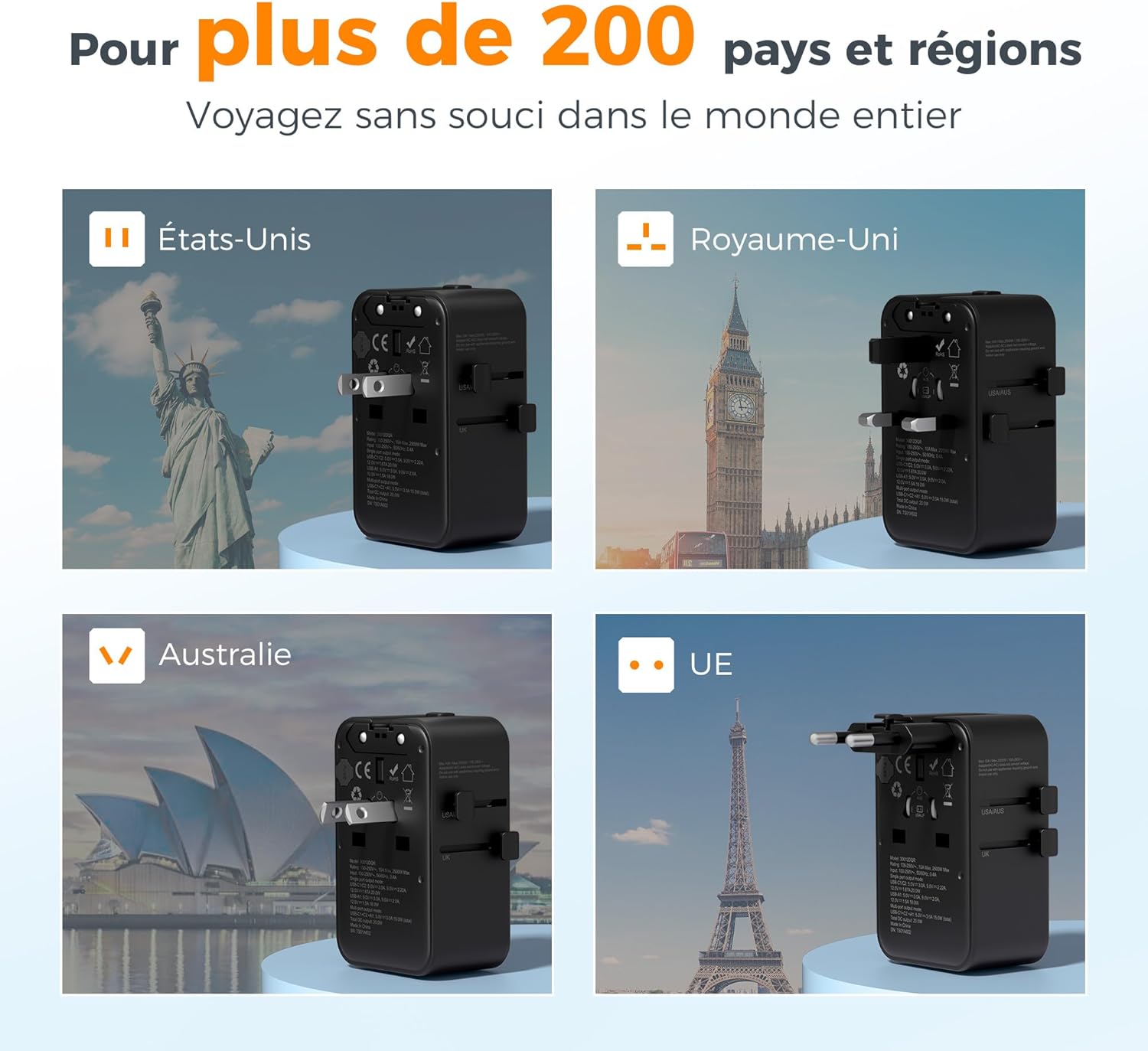 Thumbnail 1 de TESSAN Adaptateur Prise Universelle PD 20W — 4 en 1, USB-C x2 et USB-A, voyage sans compromis