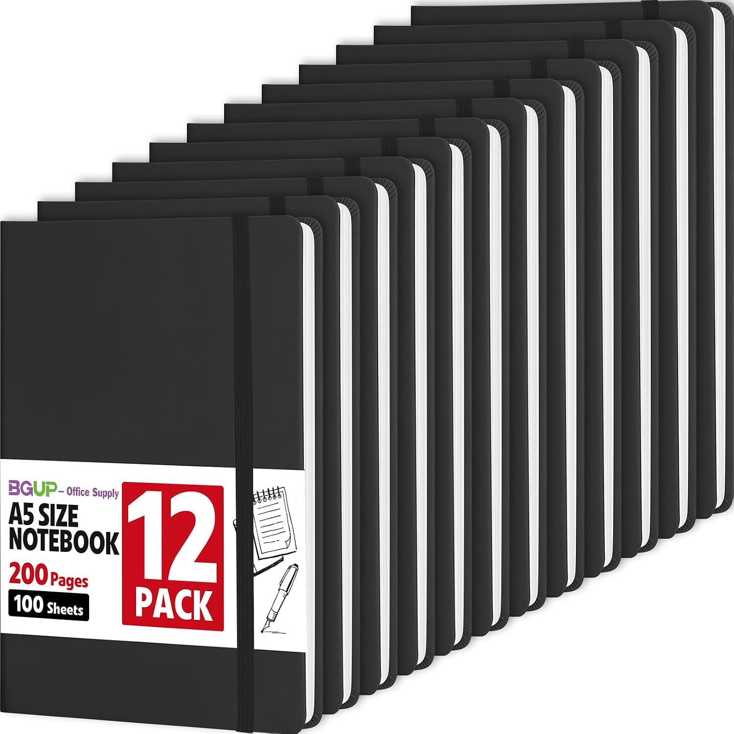 BGUP 12-Pack A5 Hardcover Notebooks, 200 Pages, Black PU Leather