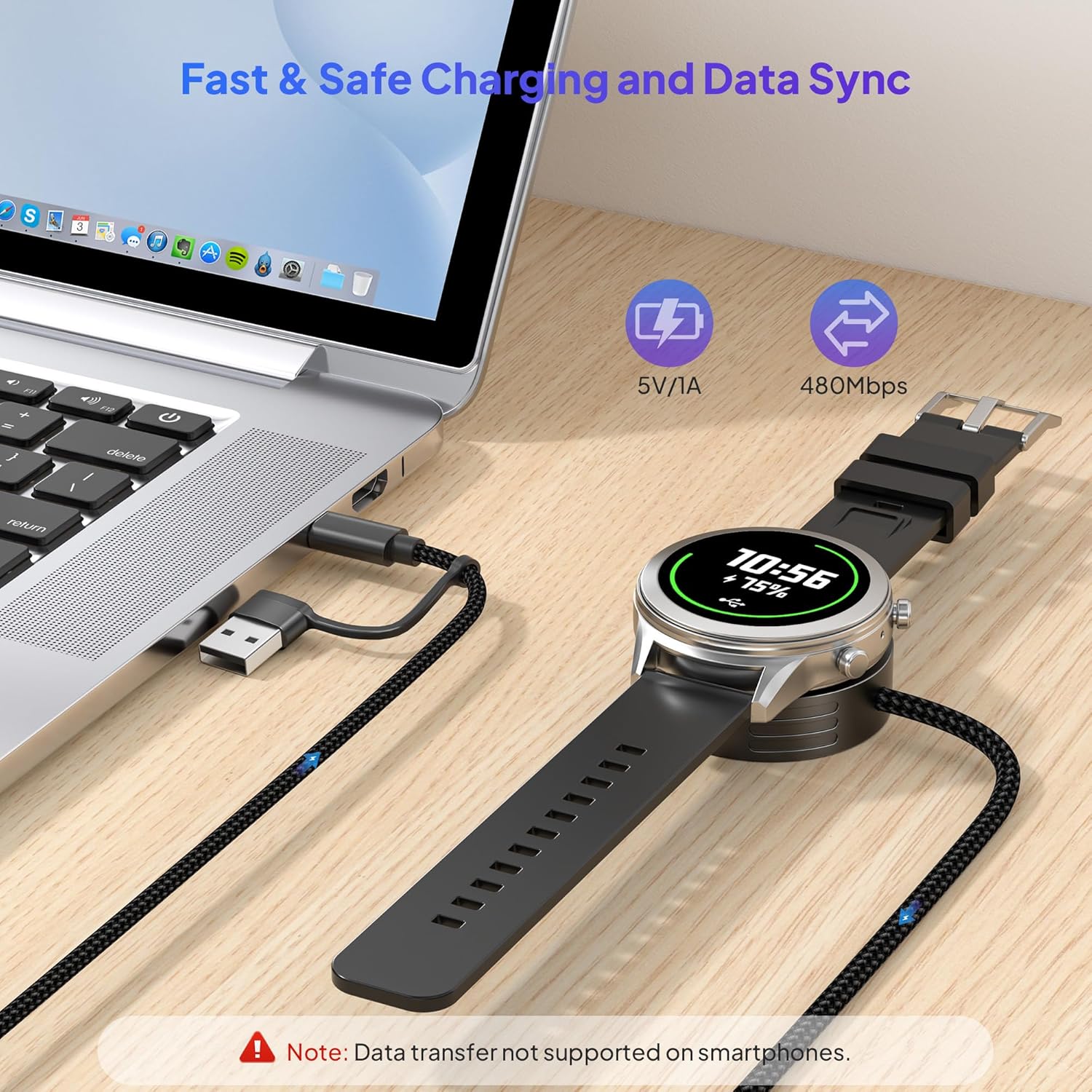 Detalle de Elebase 2-in-1 USB-C auf Garmin Uhr Ladekabel & Ladestation (1,2 m) – für Gehäusegröße < 47 mm