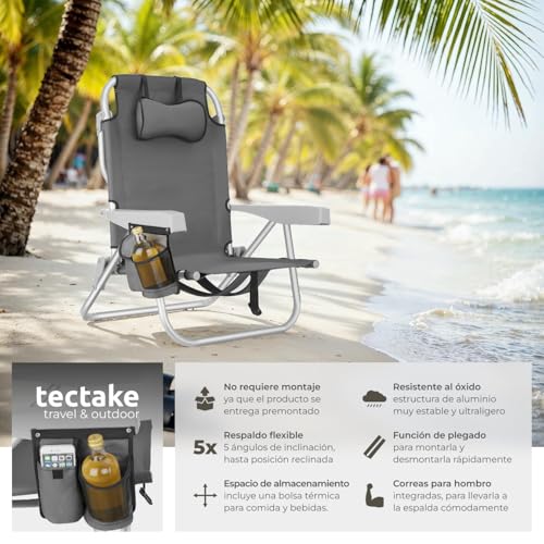 Thumbnail 2 de tectake Silla Playa Plegable con Respaldo Ajustable y Bolsa Térmica – 1 Unidad, Gris