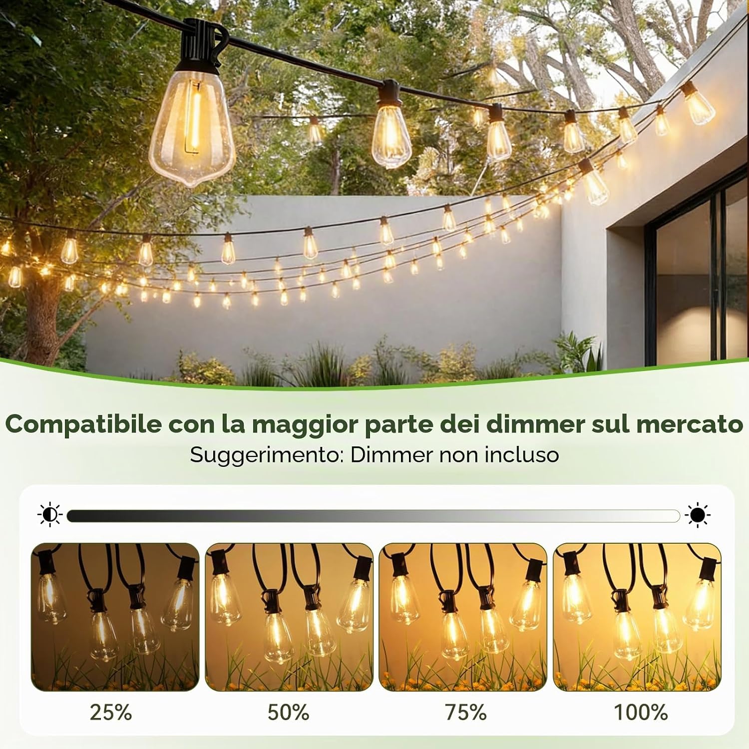 Detalle de Wweixun2020: Catena esterna ST38 15 m/50 ft con 20 LED + 1 ricambio, luce calda 2200K