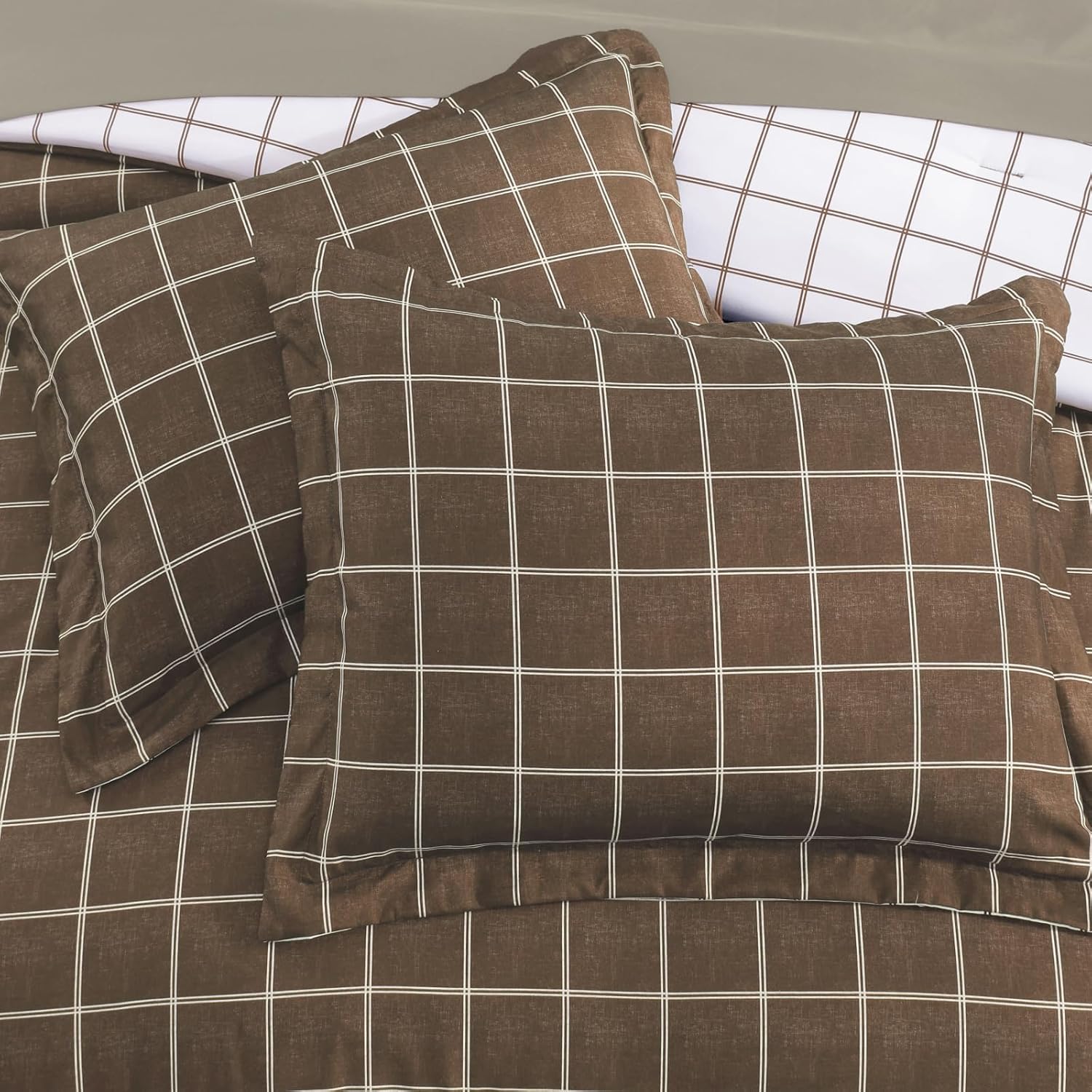 Thumbnail 6 de AMBERSPACE Plaid Twin XL Comforter Set Brown – Reversible Checkered Bedding, 5-Piece Bed in a Bag