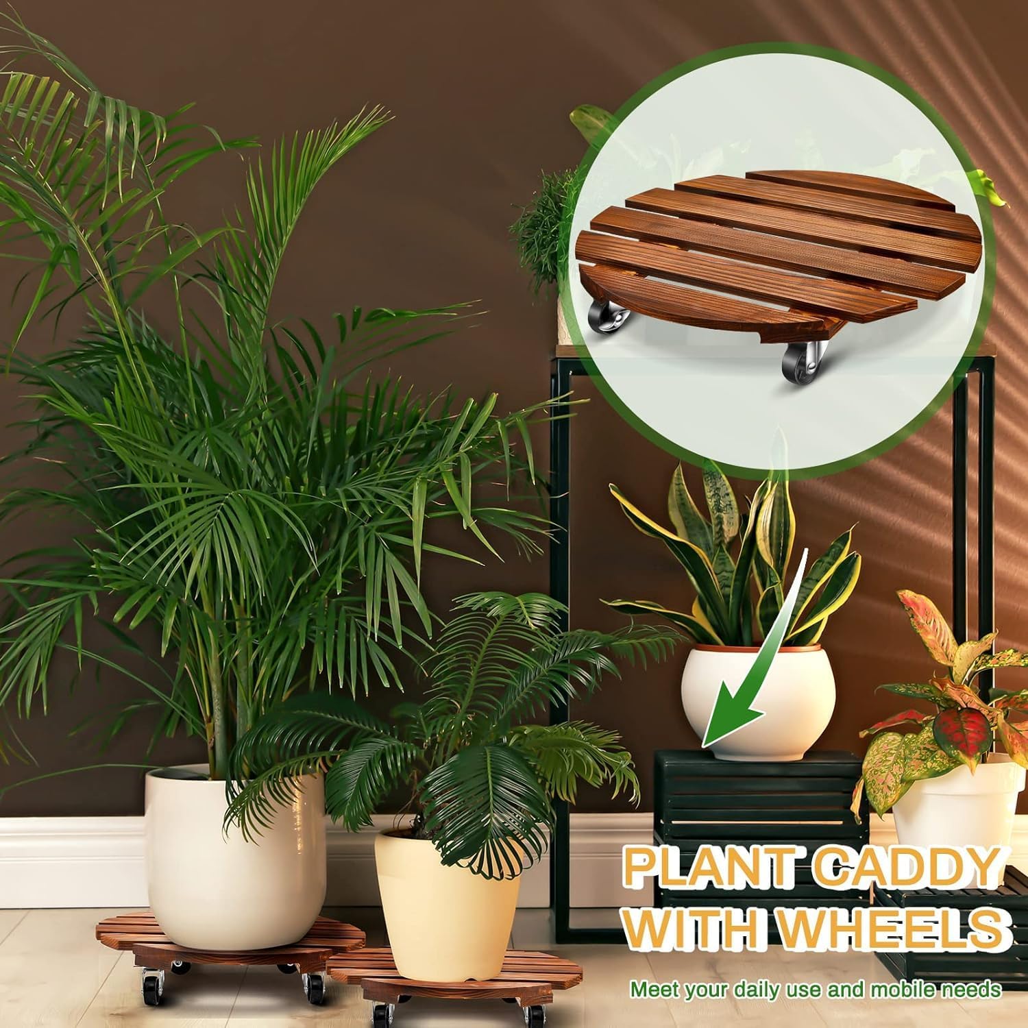 Thumbnail 6 de CHAMSUREUK 2 Pack 12 Inch Wood Plant Caddy with Lockable Wheels