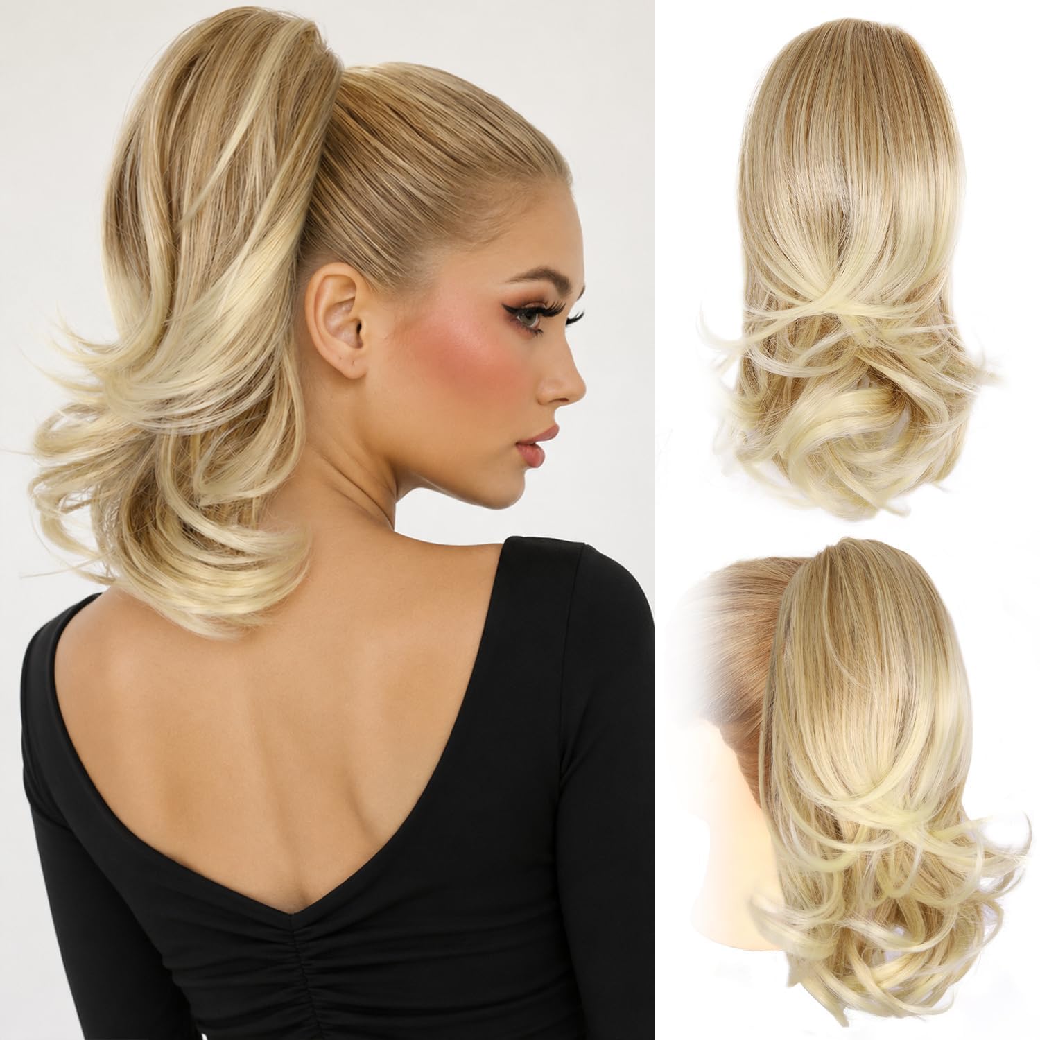 Detalle de ZQIAN BEAUTY 14-Inch Blonde Ponytail Extension, Layered Wavy Synthetic Hair