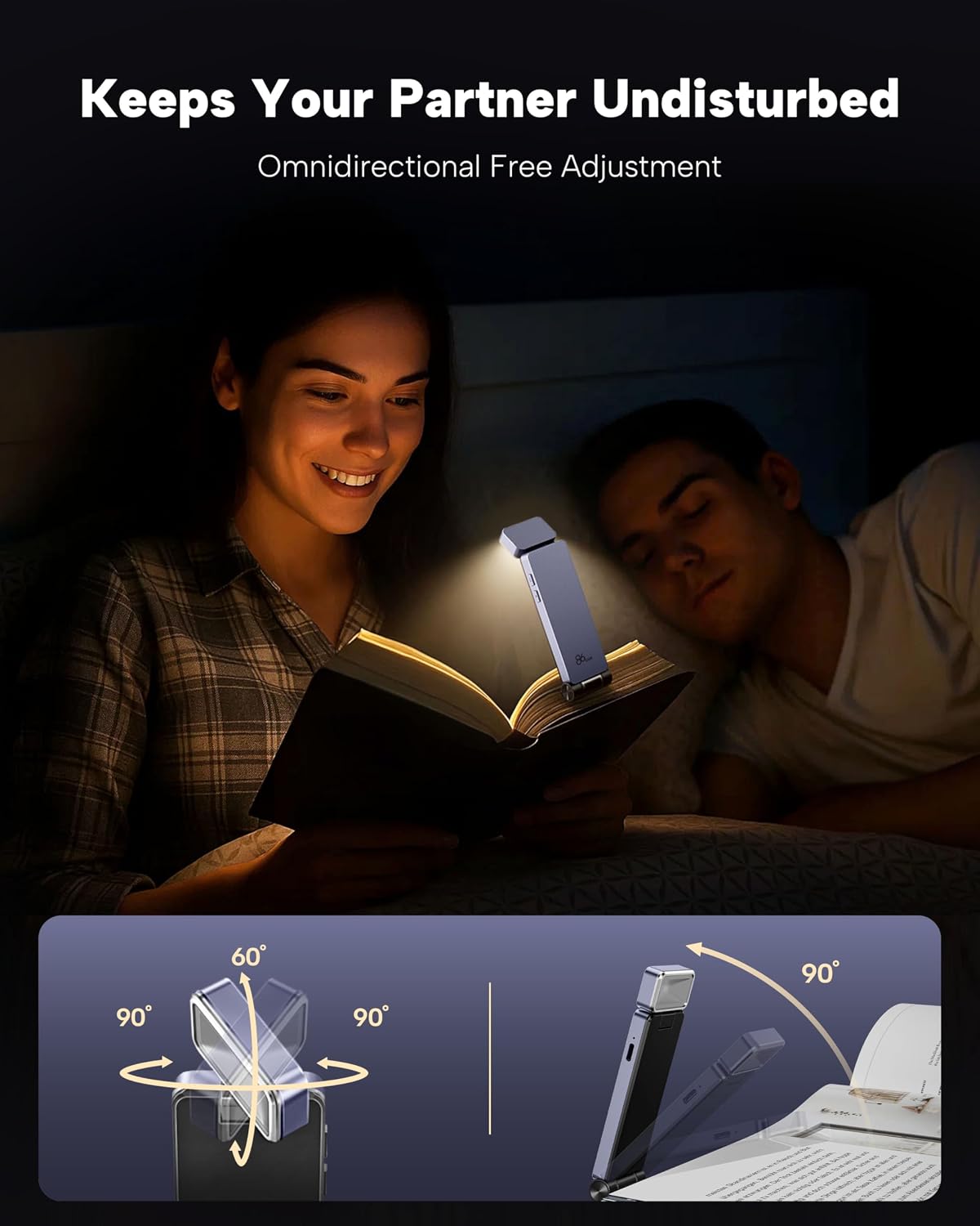 Detalle de 86lux Book Light – Rechargeable Clip-On LED Reading Light (Purple) with 3 Colours and Memory Function