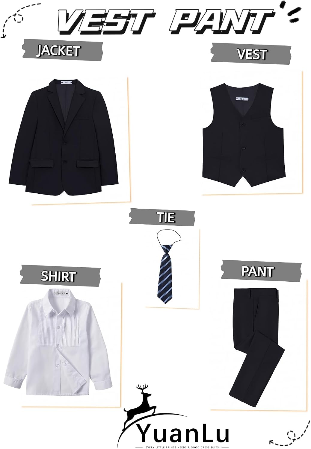 Detalle de YuanLu Boys Slim Fit Suit, Black Kids Tuxedo Set with Adjustable Waist