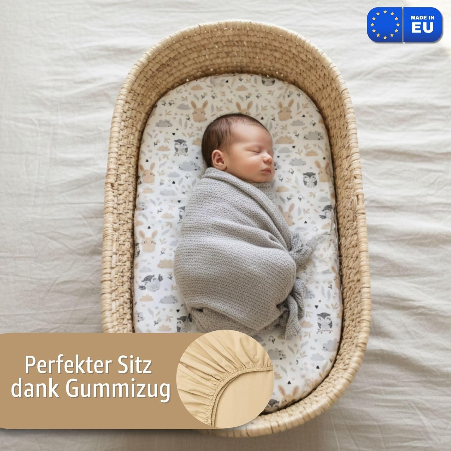 Detalle de Spannbettlaken 3er-Set 35x75 cm für Babywagen und Beistellbetten – 2x Laken + 1x wasserdichter Matratzenschoner