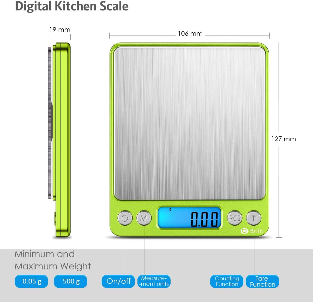 Thumbnail 4 de AMIR Digitale Taschenwaage 500 g × 0,01 g – Feinwaage mit LCD, 6 Einheiten, PCS-Zählung, Tara-Funktion, 2 Ablagen, grün