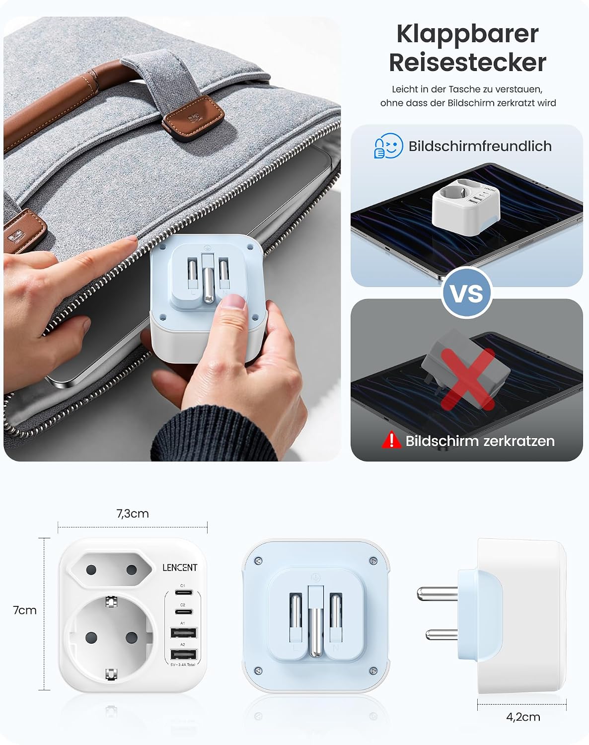Thumbnail 4 de LENCENT Klappbarer Reiseadapter Typ D 2500W